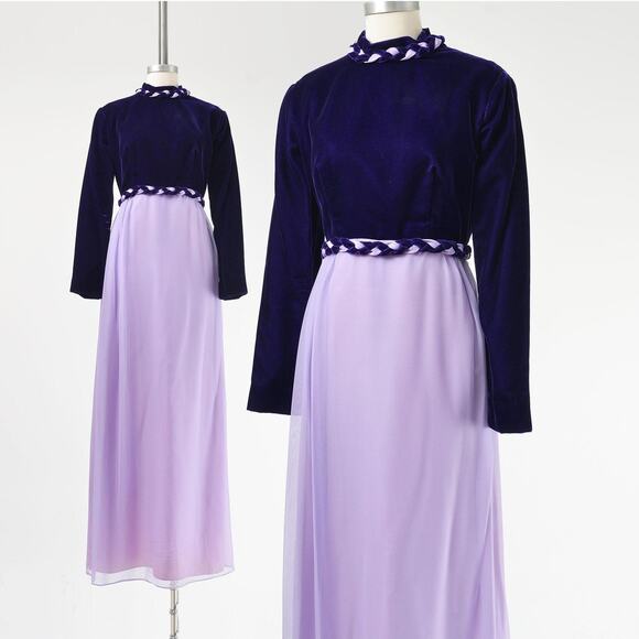 Vintage 60s Purple Formal Sheer Chiffon and Velvet Mod Retro Maxi Dress M L - Picture 1 of 9